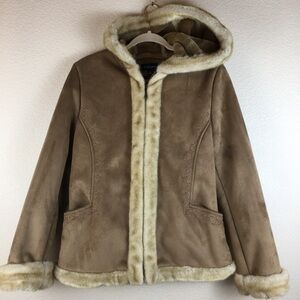 Sonoma Life + Style Tan Coat Heavy Jacket Faux Suede Faux Fur Hooded Zip Size M